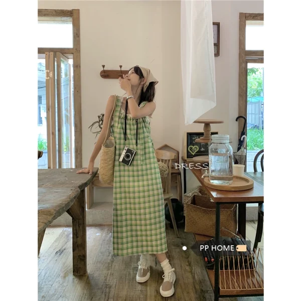 PPHOME翠果茵茵~夏日青绿甜格可调节格纹背带裙潮连衣裙两件套女