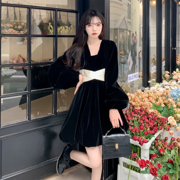 大码法式v领蝴蝶结金丝绒连衣裙女秋季黑色裙子胖mm遮肚显瘦a字裙 - 图片 4