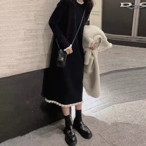 赫本风针织连衣裙女秋冬季内搭法式过膝中长款配大衣打底毛衣裙子