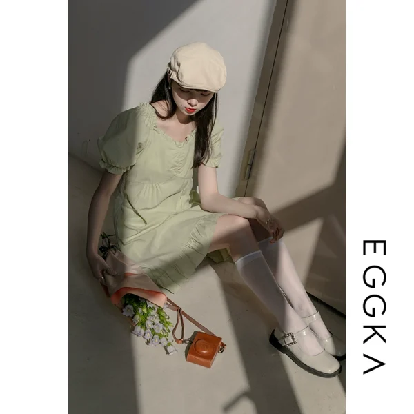 EGGKA泡泡袖连衣裙女小个子2021夏季新款宽松显瘦短裙设计感裙子 - 图片 3