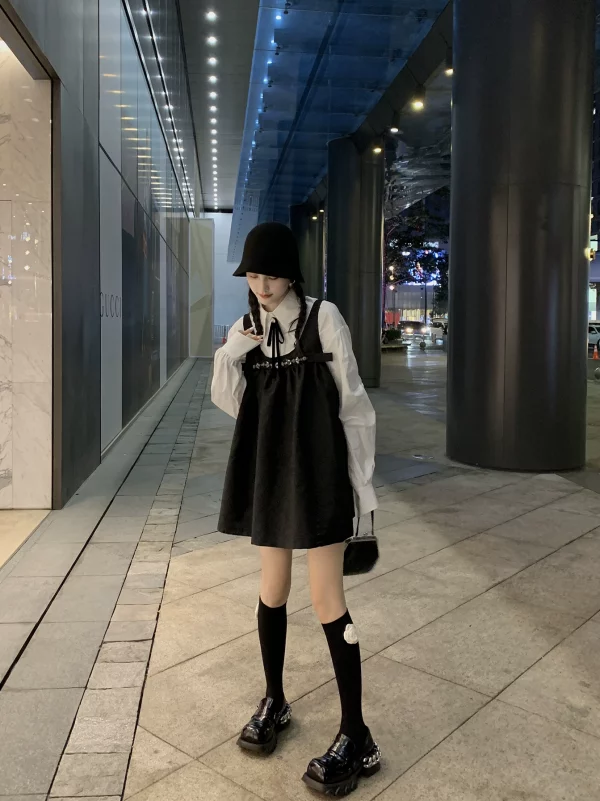 ddgirl 蓬蓬小黑裙/小心机减龄小众设计感背带黑色蓬蓬显瘦连衣裙 - 图片 2