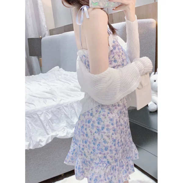 碎花吊带连衣裙女春装2022新款小众设计感茶歇裙子夏防晒开衫套装 - 图片 5