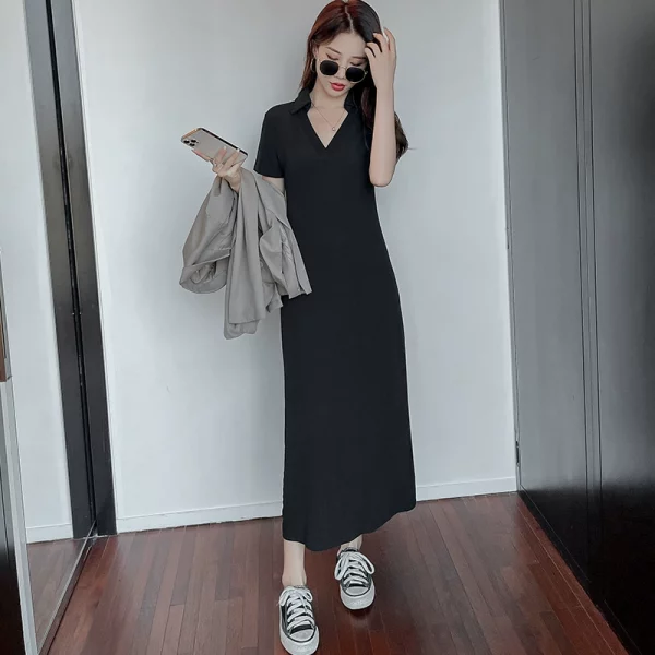 欧美风长款气质Polo领连衣裙女2023夏修身长裙收腰显瘦休闲T恤裙 - 图片 3