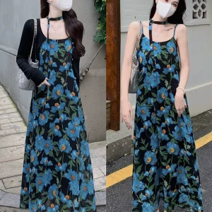 大码女装吊带连衣裙女夏季碎花海边沙滩裙胖mm遮肚显瘦裙子长裙