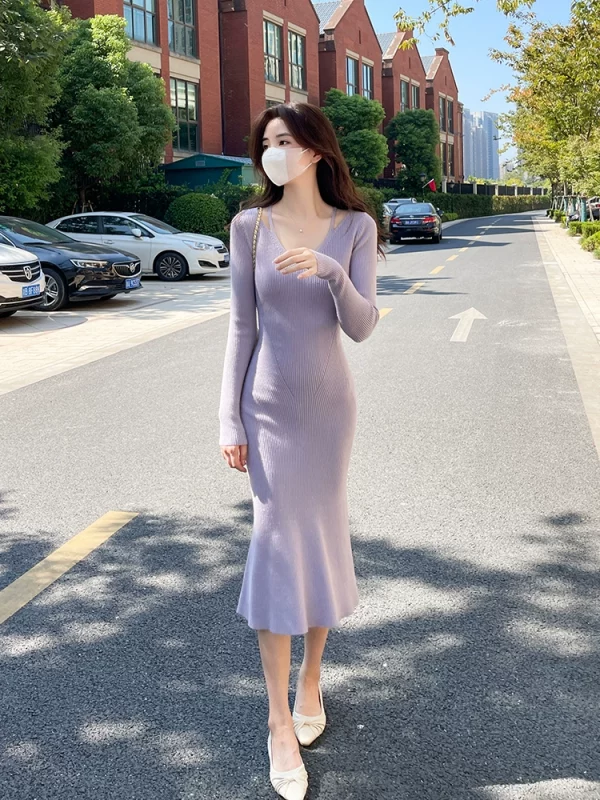 针织连衣裙修身毛衣V领包臀裙子 - 图片 4