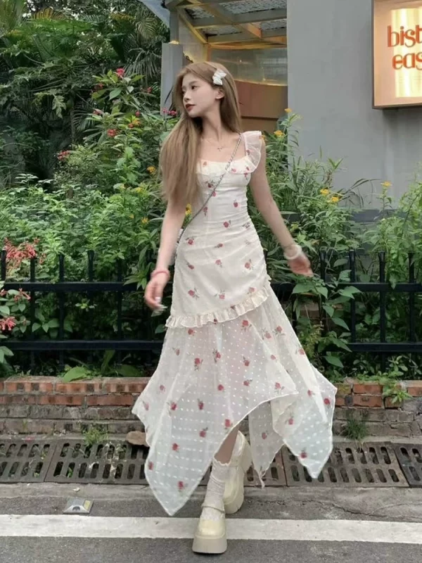 法式不规则碎花吊带连衣裙女方领超仙初恋系茶歇高级感A字长裙子 - 图片 5