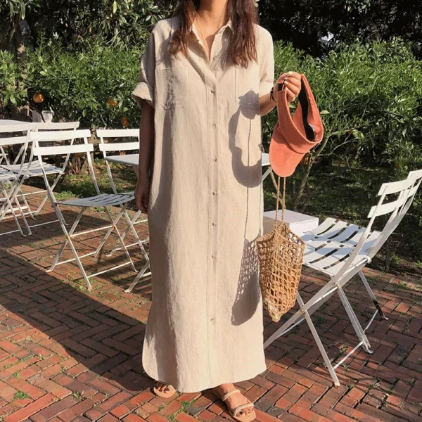 韩国chic夏季简约小众翻领单排扣口袋宽松纯色短袖衬衫式洋装女 - 图片 5