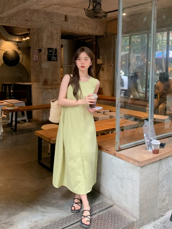 chic小清新绿色无袖连衣裙夏季2023新款外穿慵懒显瘦背心中长裙女 - 图片 4