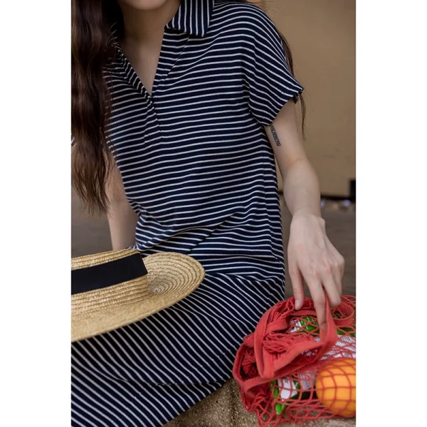 觅定条纹polo休闲连衣裙女夏季设计感小众宽松裙子百搭T恤裙长裙 - 图片 2
