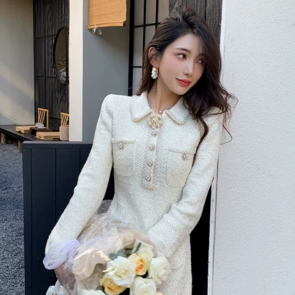 2024春装名媛千金小香风法式温柔甜美针织翻领长袖连衣裙毛衣短裙 - 图片 2