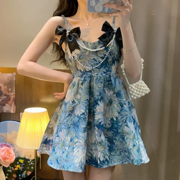 复古收腰显瘦重工珍珠蝴蝶印花吊带连衣裙夏季2022年新款女装裙子 - 图片 5