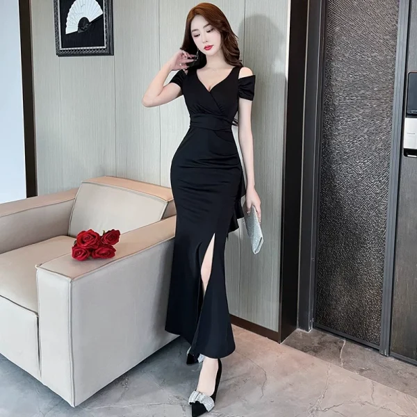 性感低胸露肩晚礼服高级感连衣裙春季2025新款女夜总会技师工作服 - 图片 4