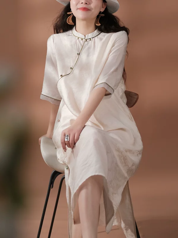 小耳出品【午间的时光】天丝提花连衣裙女中长裙简约小立领女裙 - 图片 2