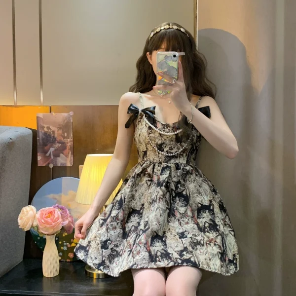 复古收腰显瘦重工珍珠蝴蝶印花吊带连衣裙夏季2022年新款女装裙子 - 图片 3