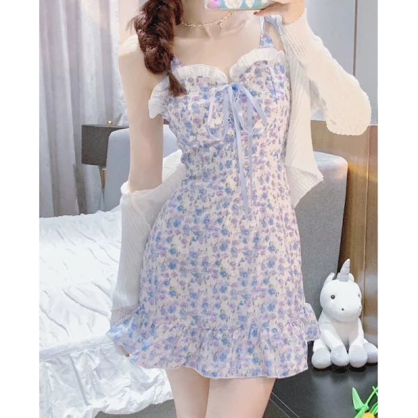 碎花吊带连衣裙女春装2022新款小众设计感茶歇裙子夏防晒开衫套装 - 图片 2