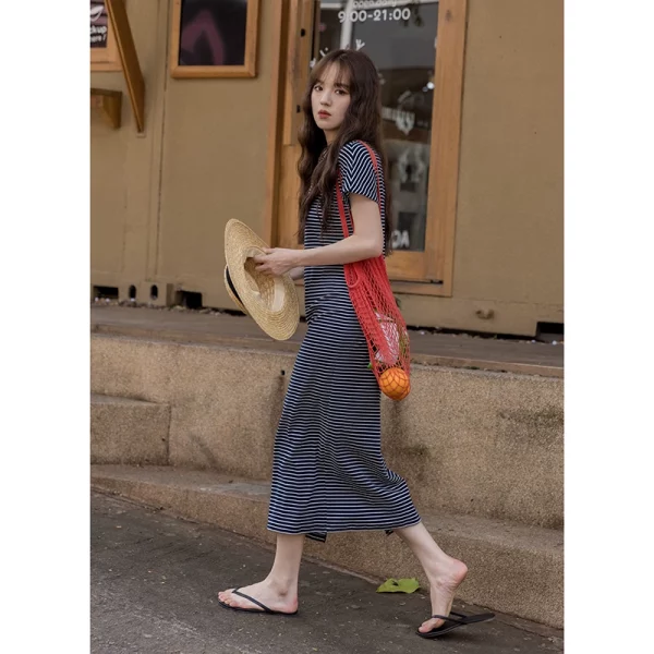 觅定条纹polo休闲连衣裙女夏季设计感小众宽松裙子百搭T恤裙长裙 - 图片 4