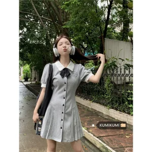 韩式学院风POLO领连衣裙女夏季小个子收腰百褶裙白色A字裙短裙子