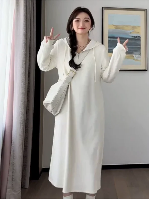 大码针织连帽卫衣连衣裙秋冬新款胖mm显瘦长袖打底内搭毛衣小裙子