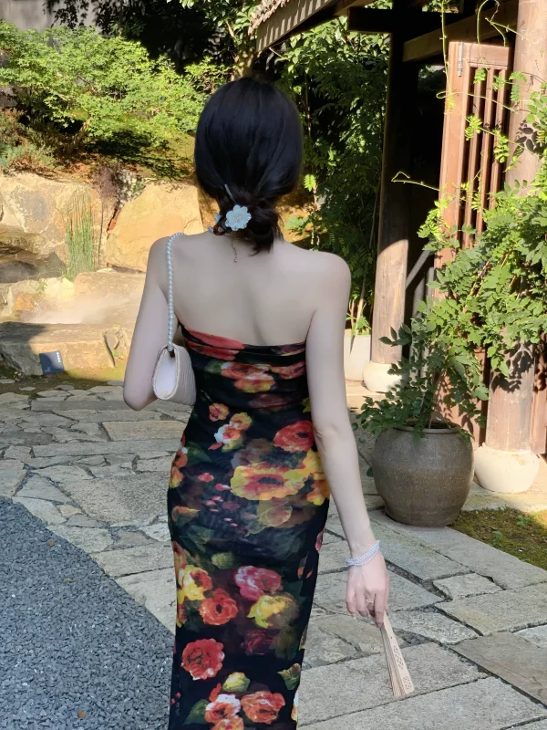 复古纯欲油画花朵网纱拼接设计抹胸高弹力长款连衣裙黑开衫两件套 - 图片 5