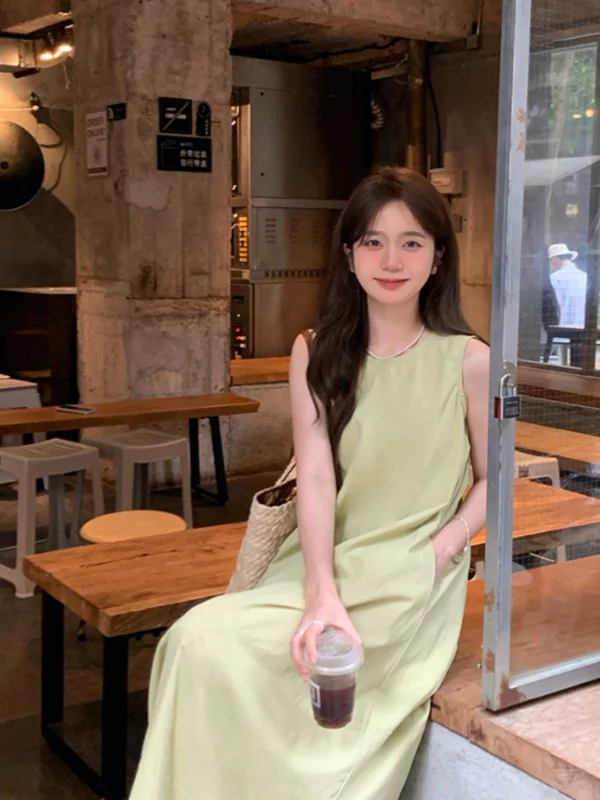 chic小清新绿色无袖连衣裙夏季2023新款外穿慵懒显瘦背心中长裙女 - 图片 5