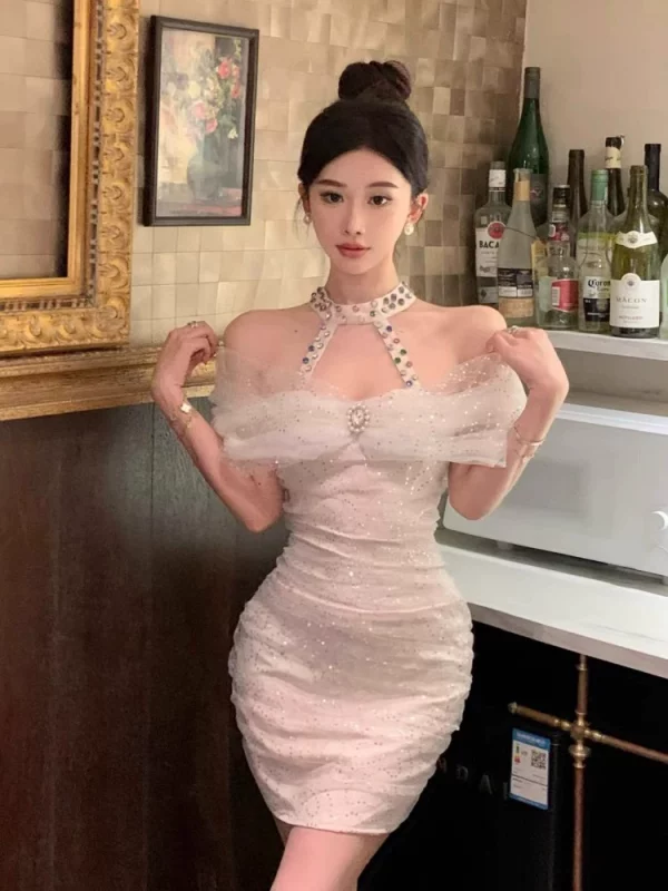 法式网纱重工party晚礼服女高级性感名媛气质亮片镶钻挂脖连衣裙 - 图片 2