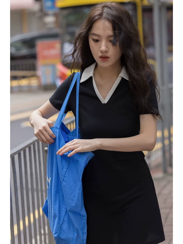 觅定学院风polo连衣裙女2023夏季新款高级感黑色小个子气质裙子 - 图片 4