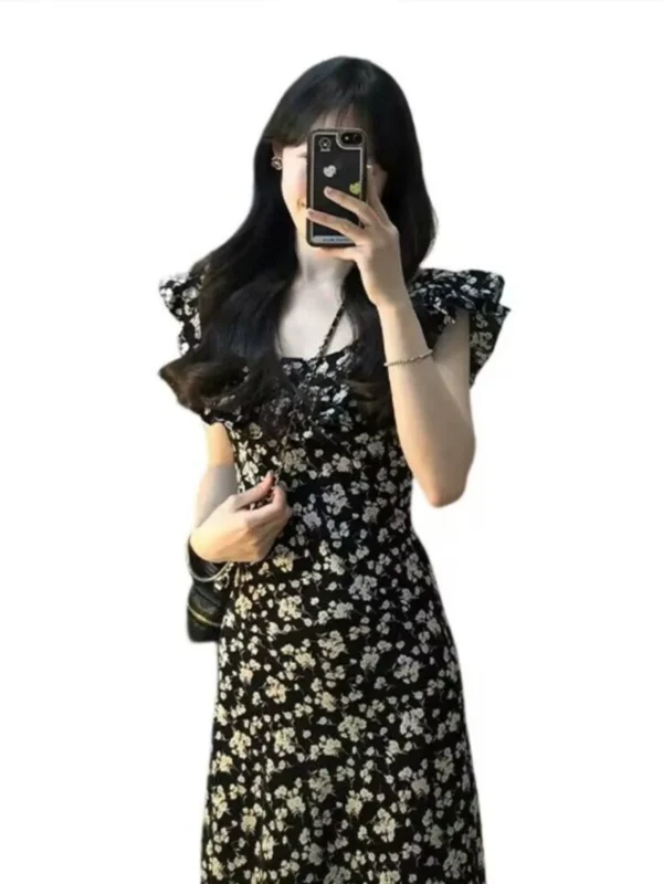 法式方领小飞袖连衣裙女夏气质碎花裙子高级感温柔风甜美收腰长裙 - 图片 5