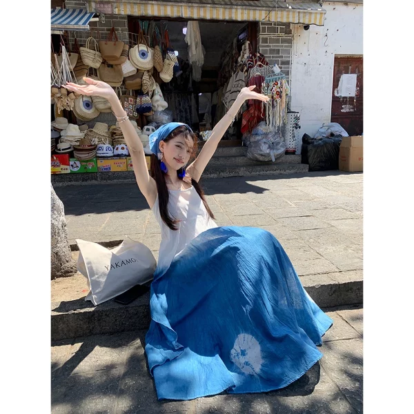 可可里小姐海边度假风扎染吊带连衣裙女夏季气质收腰A字大摆长裙 - 图片 4