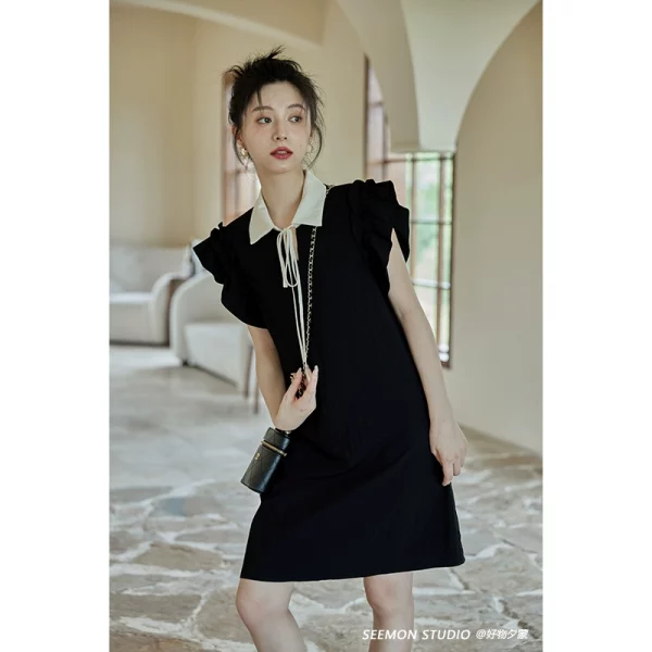 【福利清仓】夏小个子休闲黑色法式气质设计感小众飞飞袖连衣裙女 - 图片 2