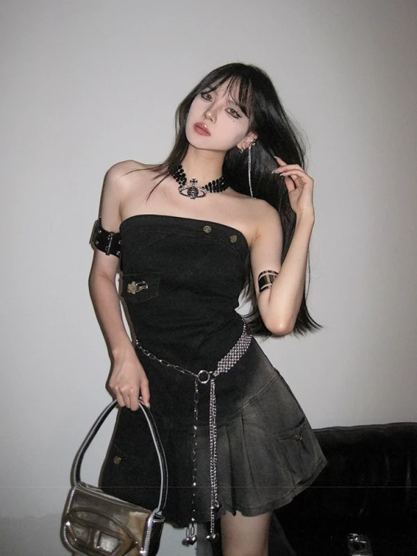 UNCMHISEX 小众原创设计美式辣妹复古水洗牛仔百褶线条连衣裙女 - 图片 2
