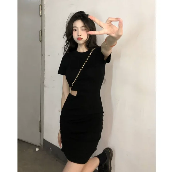 黑色镂空连衣裙女夏季性感纯欲风辣妹裙子小个子紧身收腰包臀短裙 - 图片 4