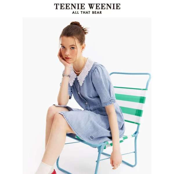 【赵露思同款】TeenieWeenie小熊2023夏季新款蕾丝牛仔连衣裙女 - 图片 5