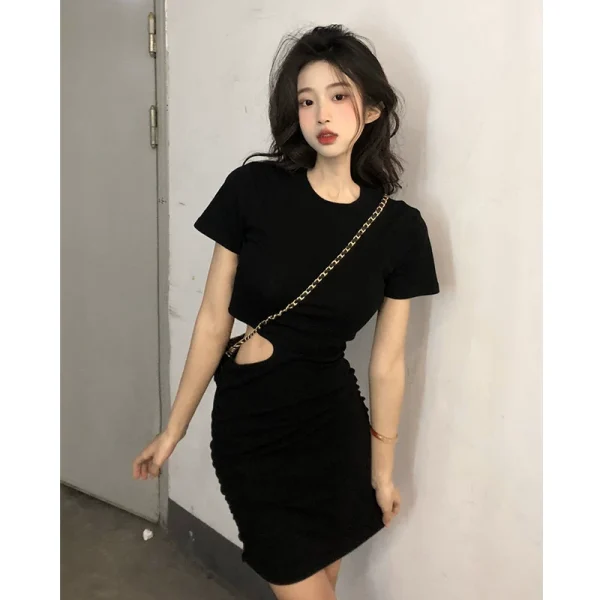 黑色镂空连衣裙女夏季性感纯欲风辣妹裙子小个子紧身收腰包臀短裙 - 图片 3