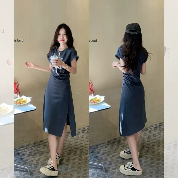 曾小咸洋装2024新款女韩系别致小众设计感印花包臀短袖t恤长裙 - 图片 3