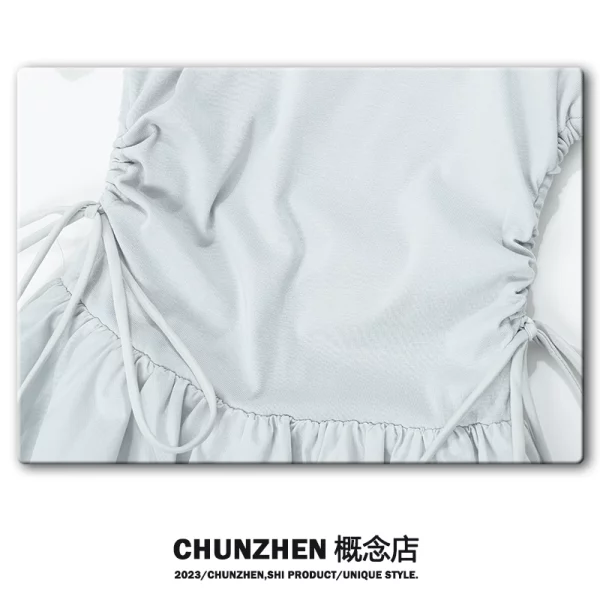 CHUNZHEN 法式方领抽绳连衣裙女夏季2023年新款收腰气质少女长裙 - 图片 3