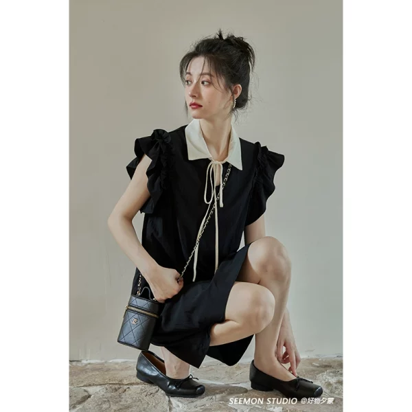 【福利清仓】夏小个子休闲黑色法式气质设计感小众飞飞袖连衣裙女 - 图片 4