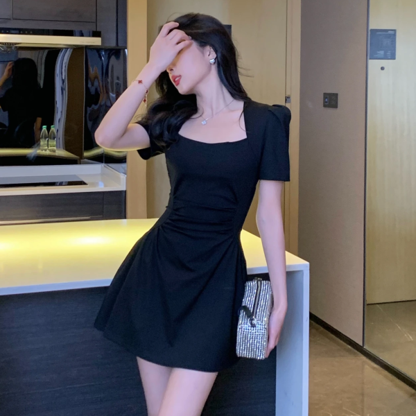 法式蓝色方领镂空泡泡袖连衣裙女2024夏气质显瘦修身辣妹A字短裙 - 图片 3
