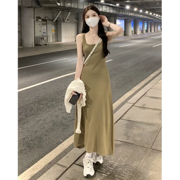 纯欲风针织吊带连衣裙女夏黑色打底裙子高级感修身a字包臀裙长裙 - 图片 3