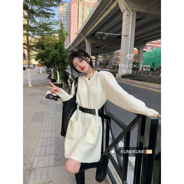 kumikumi设计感收腰显瘦A字针织连衣裙女秋冬气质打底裙毛衣裙子 - 图片 2