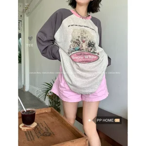 PPHOME可爱复古局~撞色插肩袖圆领卡通印花休闲百搭长袖T恤上衣女