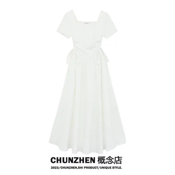 CHUNZHEN 法式方领抽绳连衣裙女夏季2023年新款收腰气质少女长裙 - 图片 5