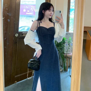 大码法式御姐轻熟风显瘦遮肚开叉吊带裙胖mm牛仔连衣裙套装女夏