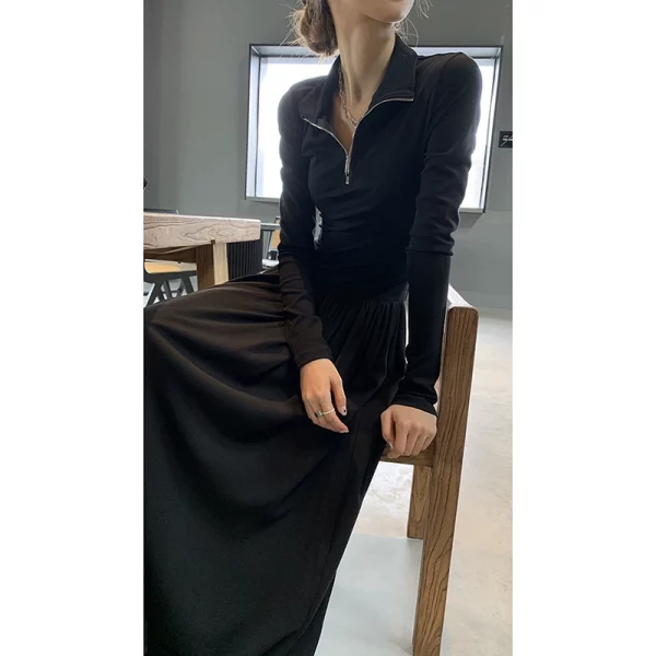 红人馆黑色连衣裙女春季新款2023长袖裙子到脚踝超长款简约长裙女 - 图片 4