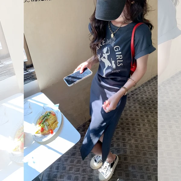 曾小咸洋装2024新款女韩系别致小众设计感印花包臀短袖t恤长裙