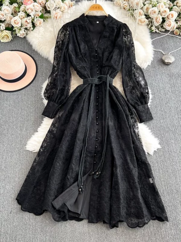 法式复古宫廷风礼服重工刺绣收腰显瘦长款蕾丝裙女高端精致连衣裙 - 图片 3