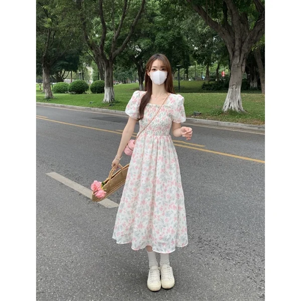 碎花方领连衣裙女夏季2023新款甜美收腰显瘦中长款超仙初恋系裙子 - 图片 2
