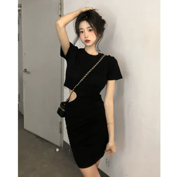黑色镂空连衣裙女夏季性感纯欲风辣妹裙子小个子紧身收腰包臀短裙 - 图片 2