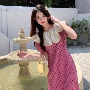 胖mm大码女装荷叶领波点连衣裙夏季高级感裙子气质名媛法式长裙女