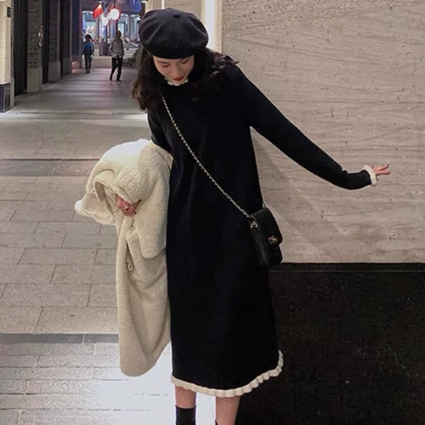 赫本风针织连衣裙女秋冬季内搭法式过膝中长款配大衣打底毛衣裙子 - 图片 4