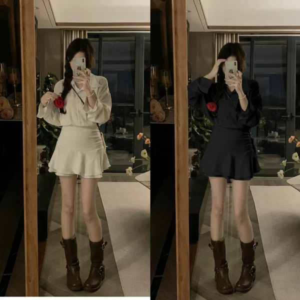 大码赫本风假两件连衣裙女秋季收腰显瘦衬衫裙胖mm辣妹包臀短裙子